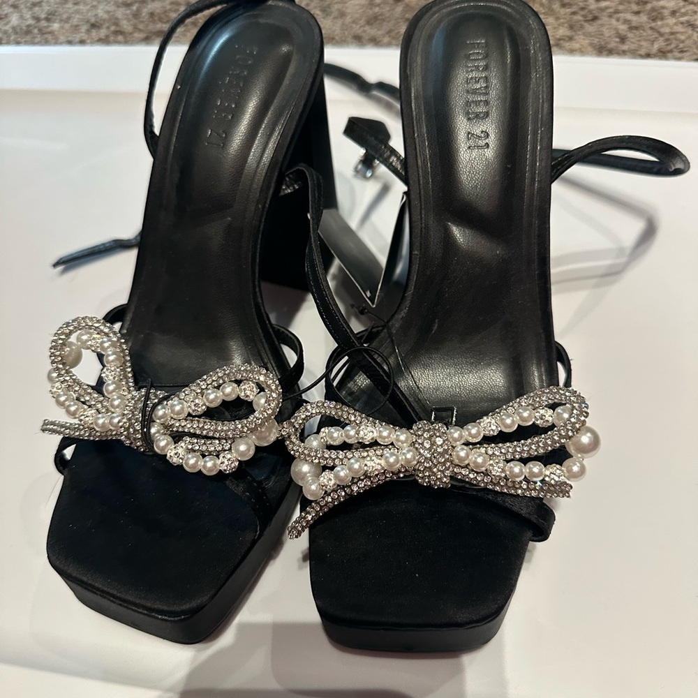 Forever 21 Black Heels with Pearl Embellishment